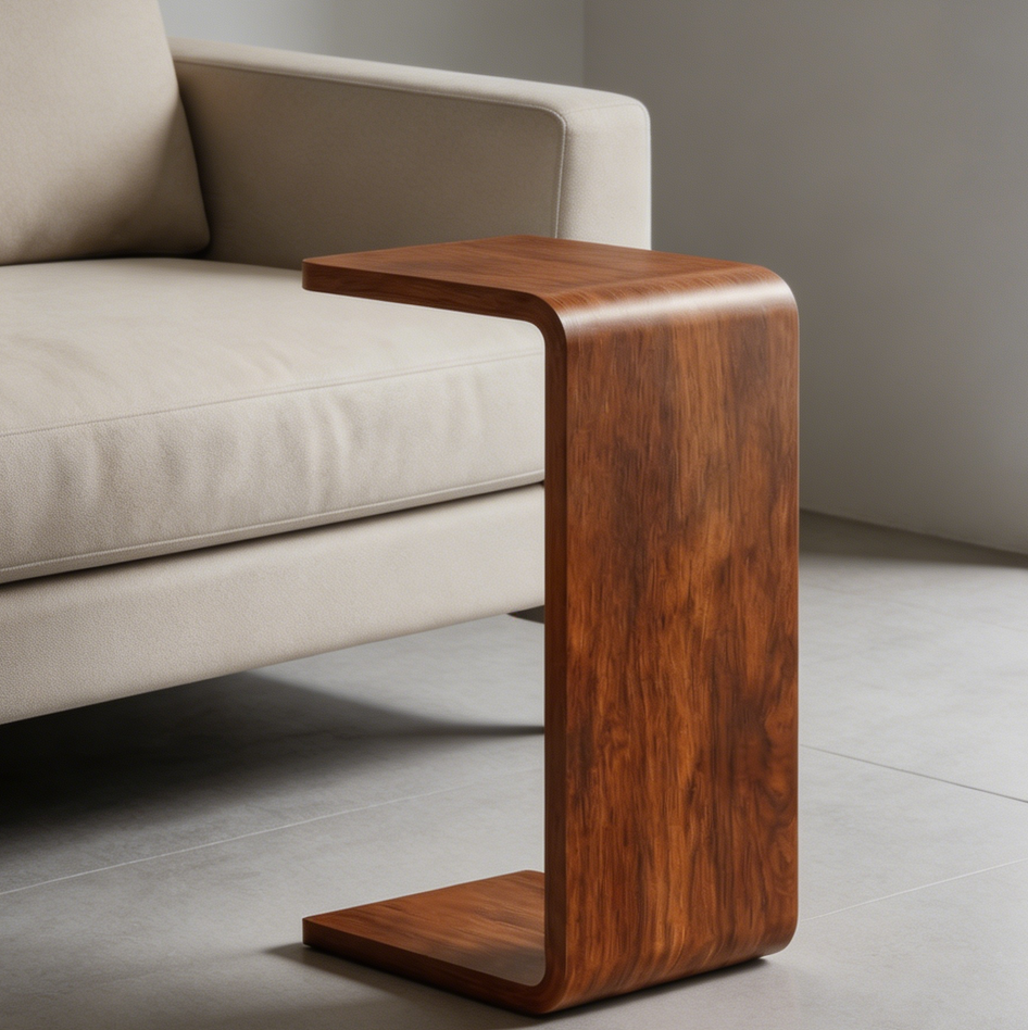 Walnut C-Shaped Wooden Sofa Side Table - Image 2