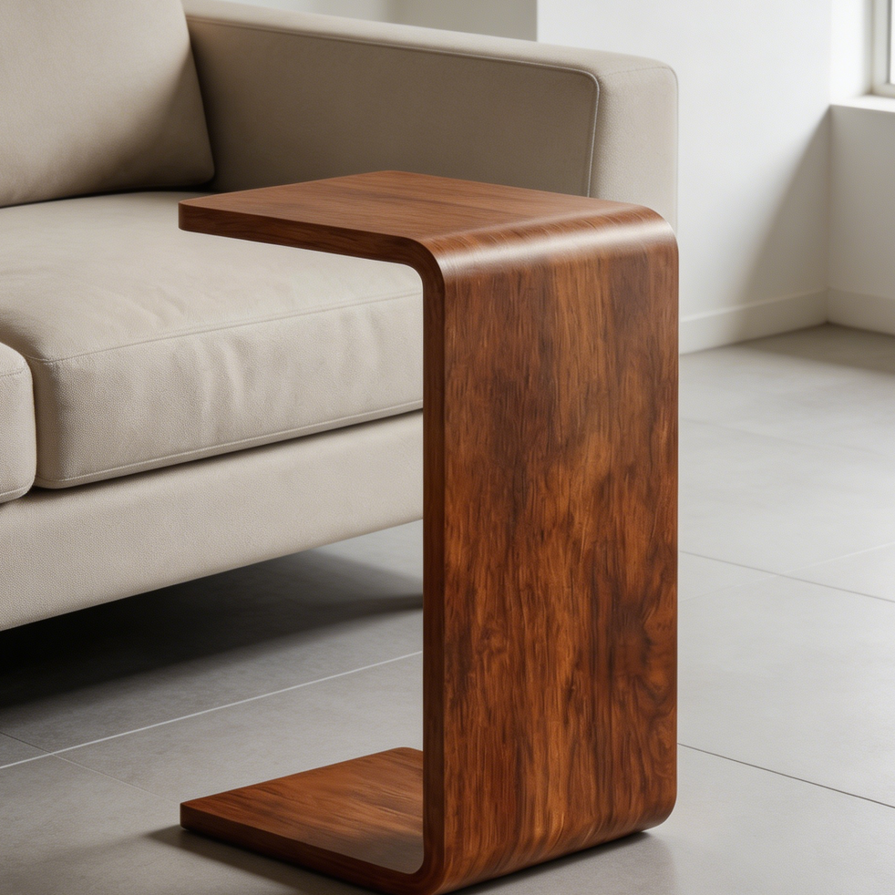 Walnut C-Shaped Wooden Sofa Side Table